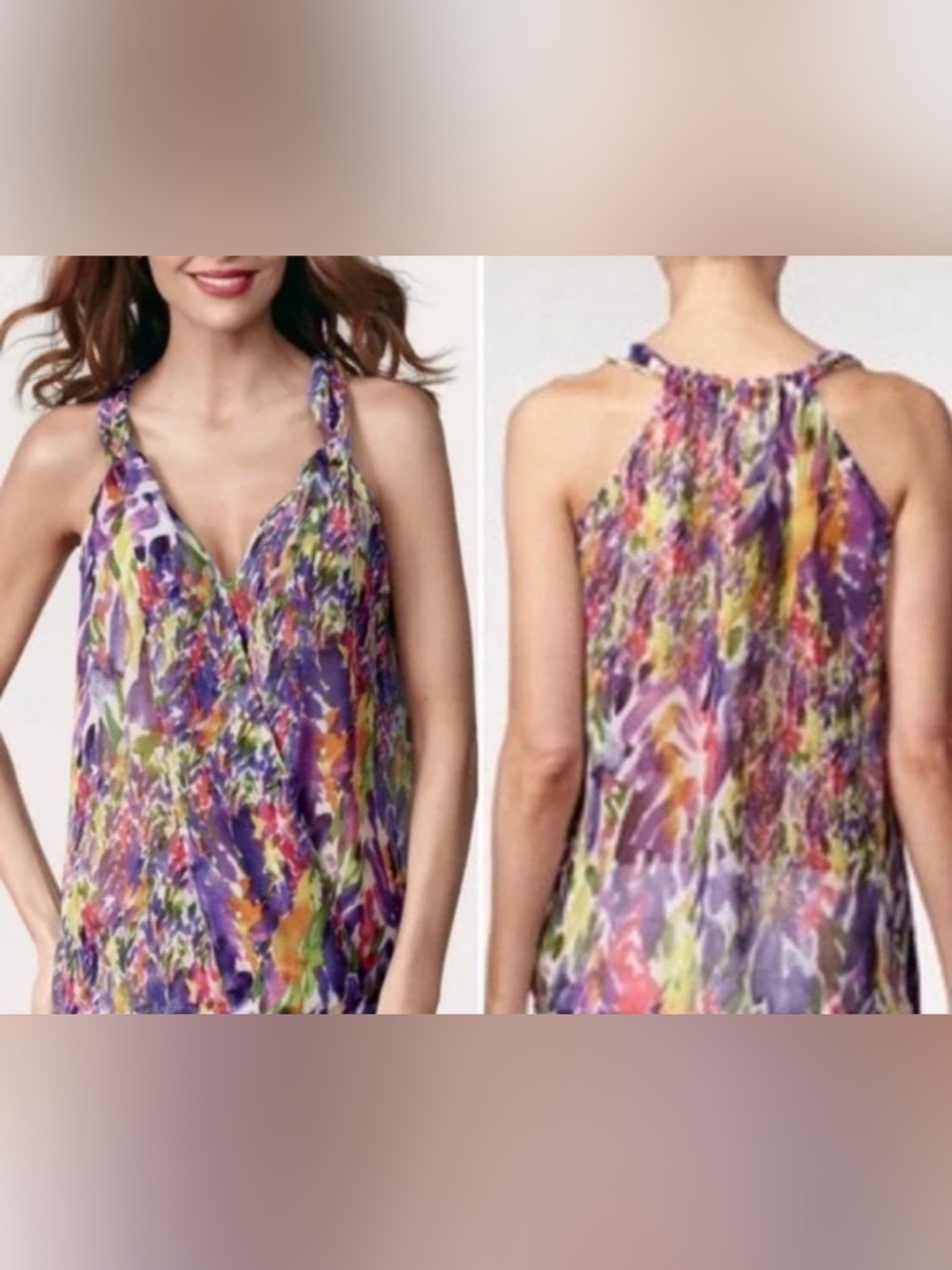 M CAbi Printed Chiffon Blouse — Multicolor Floral Watercolor crossover front